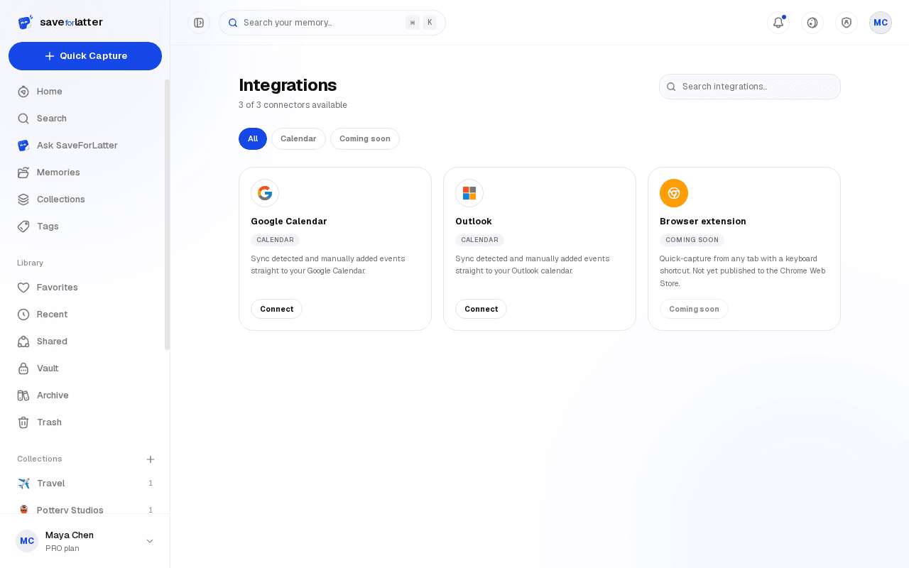The Integrations page, with the browser extension marked Coming soon