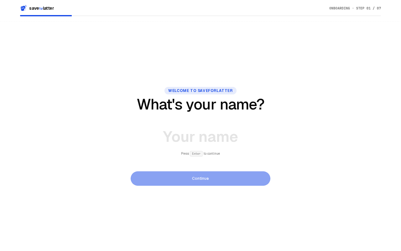 The first onboarding step, asking for your name