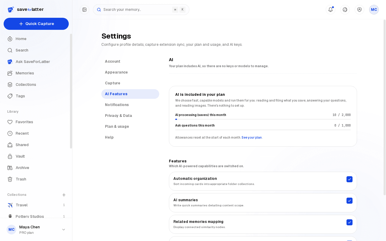 Settings, AI section, showing that the plan includes AI