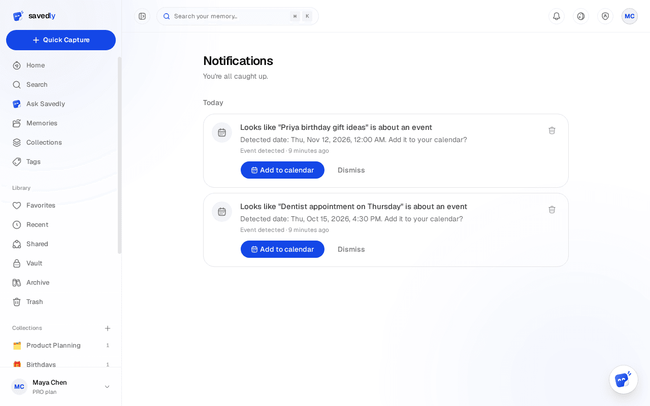 A notification with Add to calendar and Dismiss