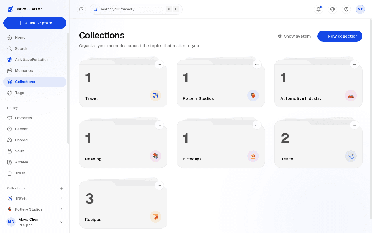 The Collections page, with memories filed automatically