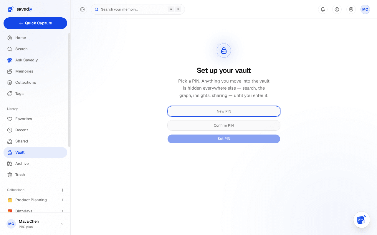The vault's PIN setup screen