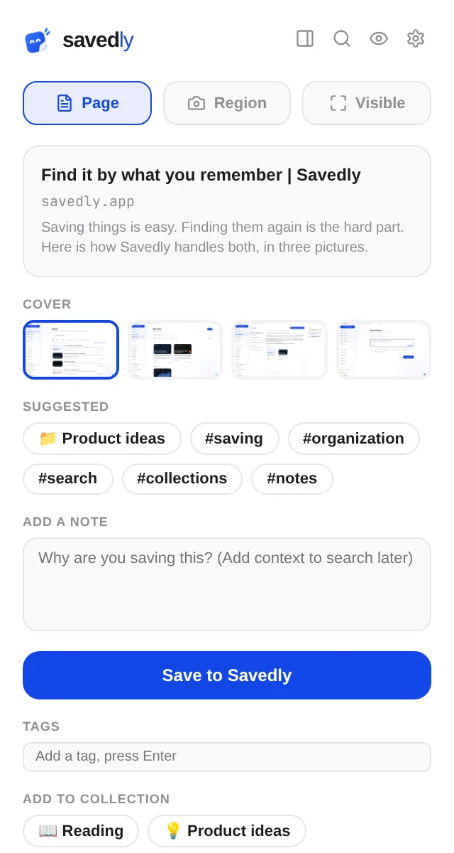The Savedly popup ready to save the page