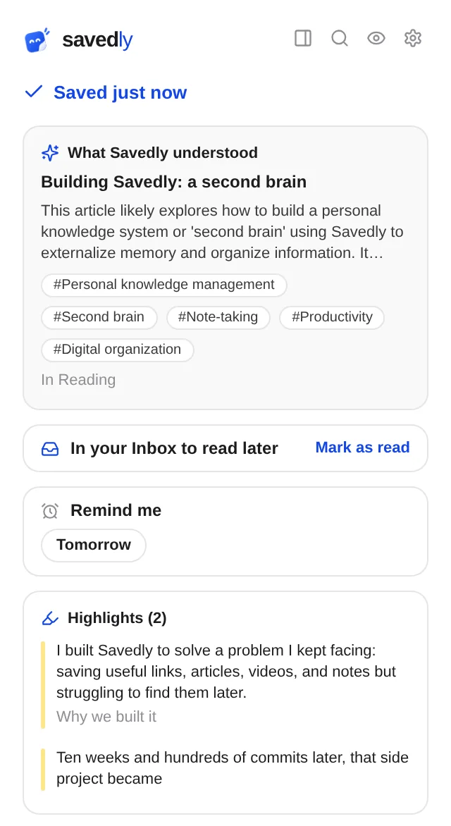A saved page in the popup: what Savedly understood, In your Inbox, Remind me and highlights