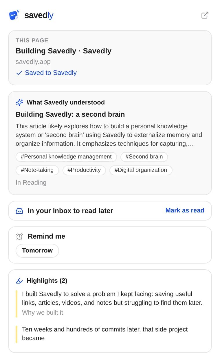 The Savedly side panel showing the current page, its summary, Inbox, Remind me and highlights
