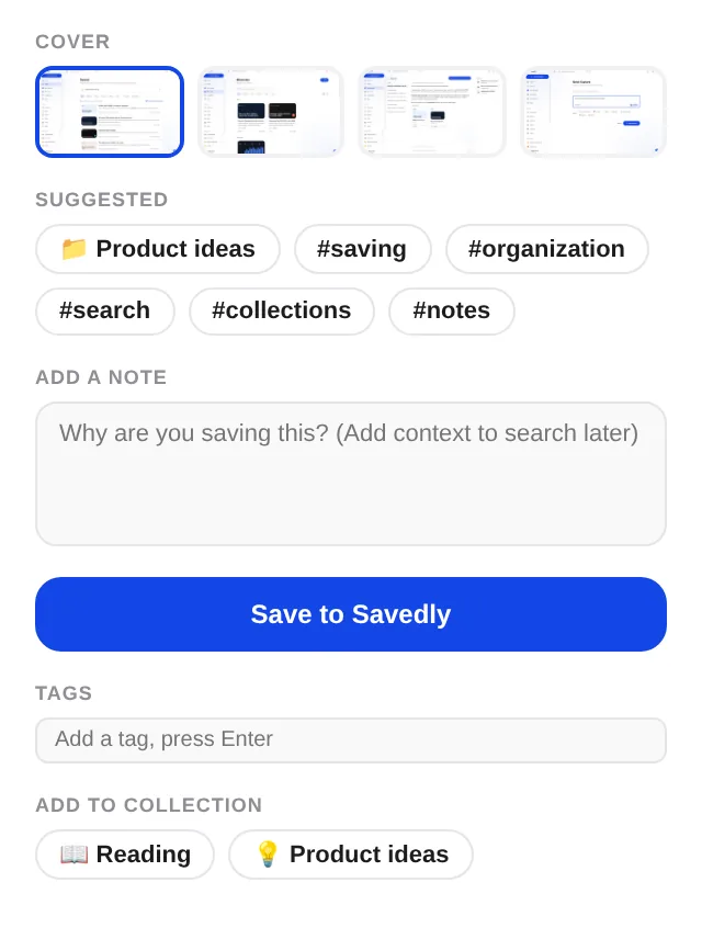 Cover choices, a suggested collection, tags and recent collections in the popup