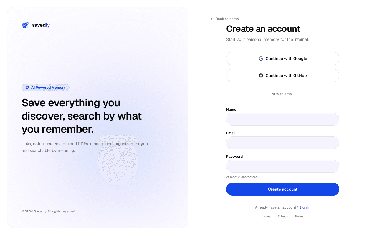 The sign-up page, with Google and GitHub sign-in.