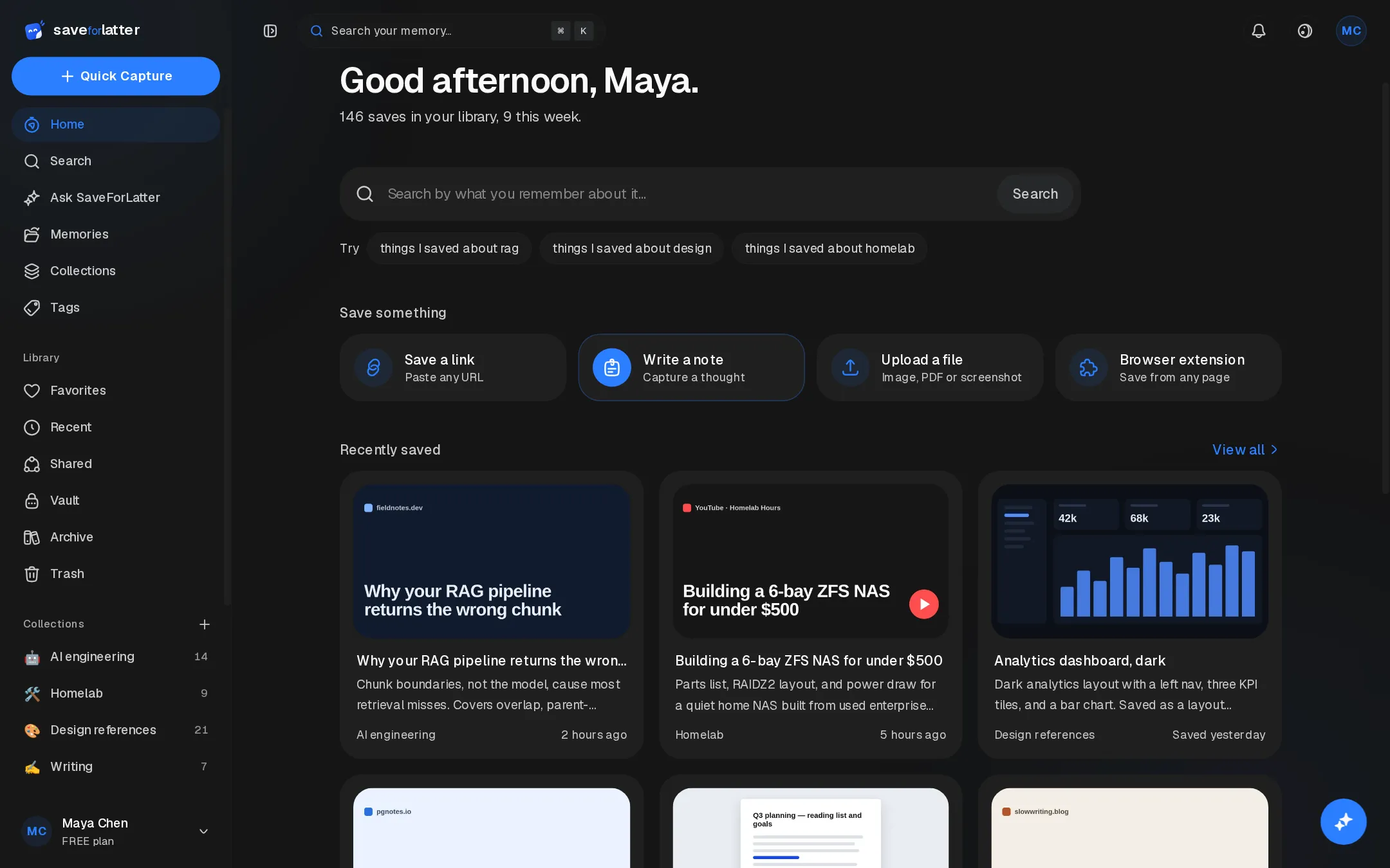 SaveForLatter Home: a greeting, a search box, quick-save actions, and recently saved items with link previews