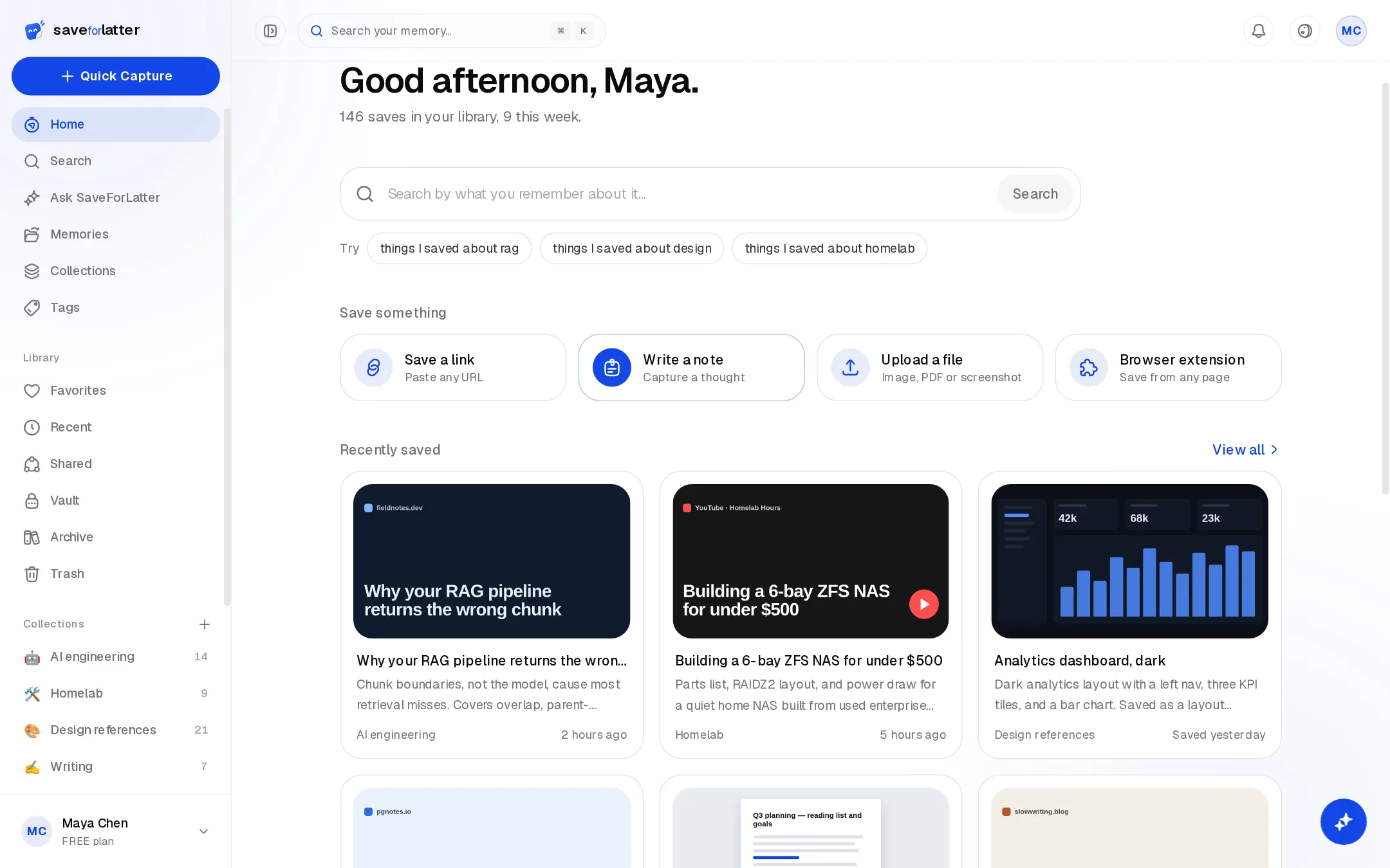 SaveForLatter Home: a greeting, a search box, quick-save actions, and recently saved items with link previews