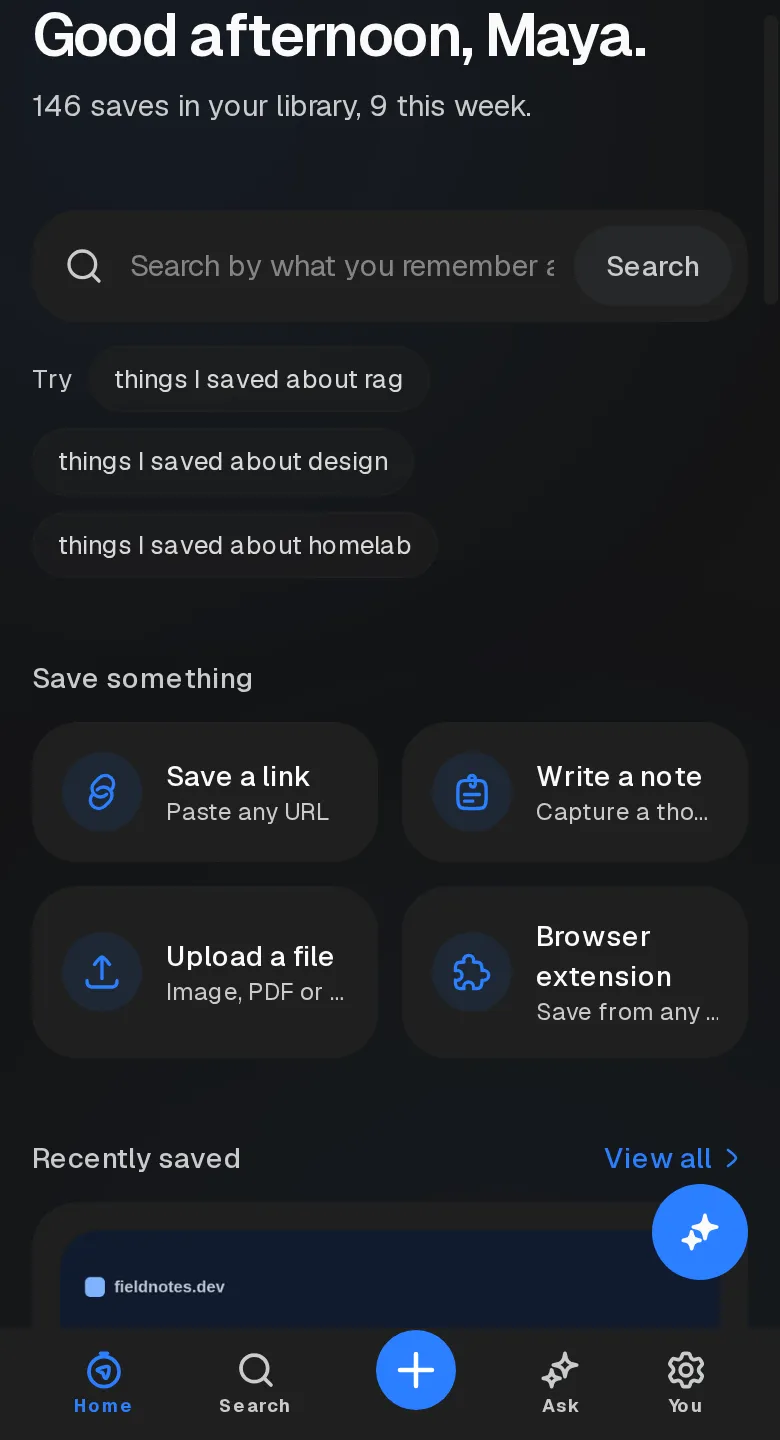 SaveForLatter Home: a greeting, a search box, quick-save actions, and recently saved items with link previews