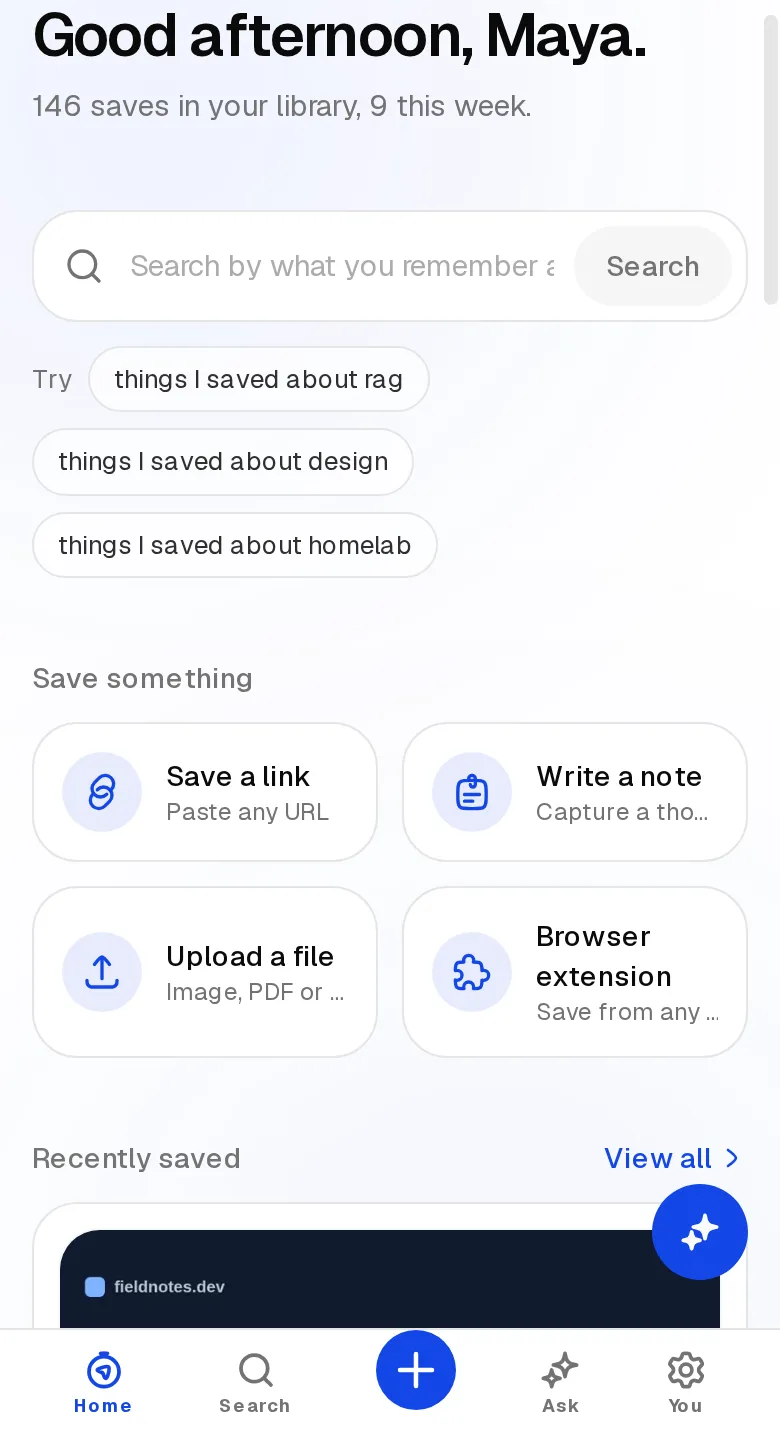 SaveForLatter Home: a greeting, a search box, quick-save actions, and recently saved items with link previews