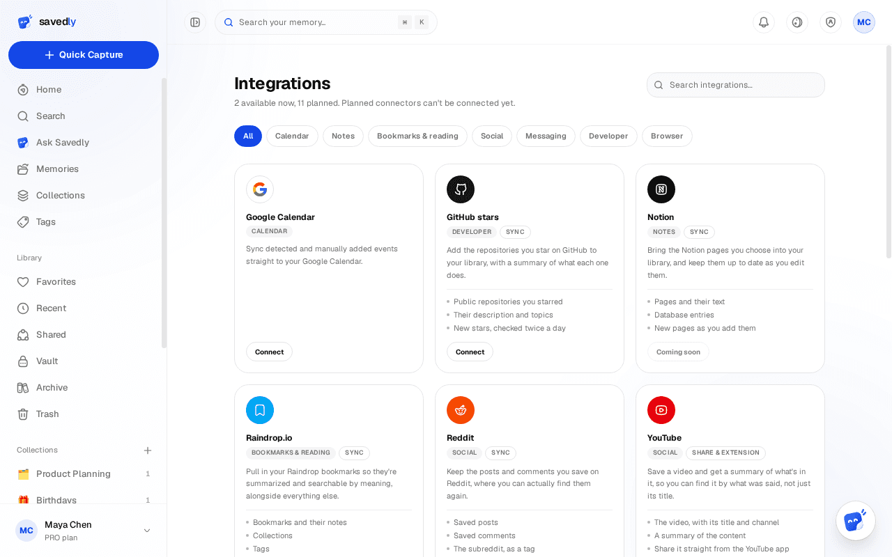 The Integrations page, with Google Calendar