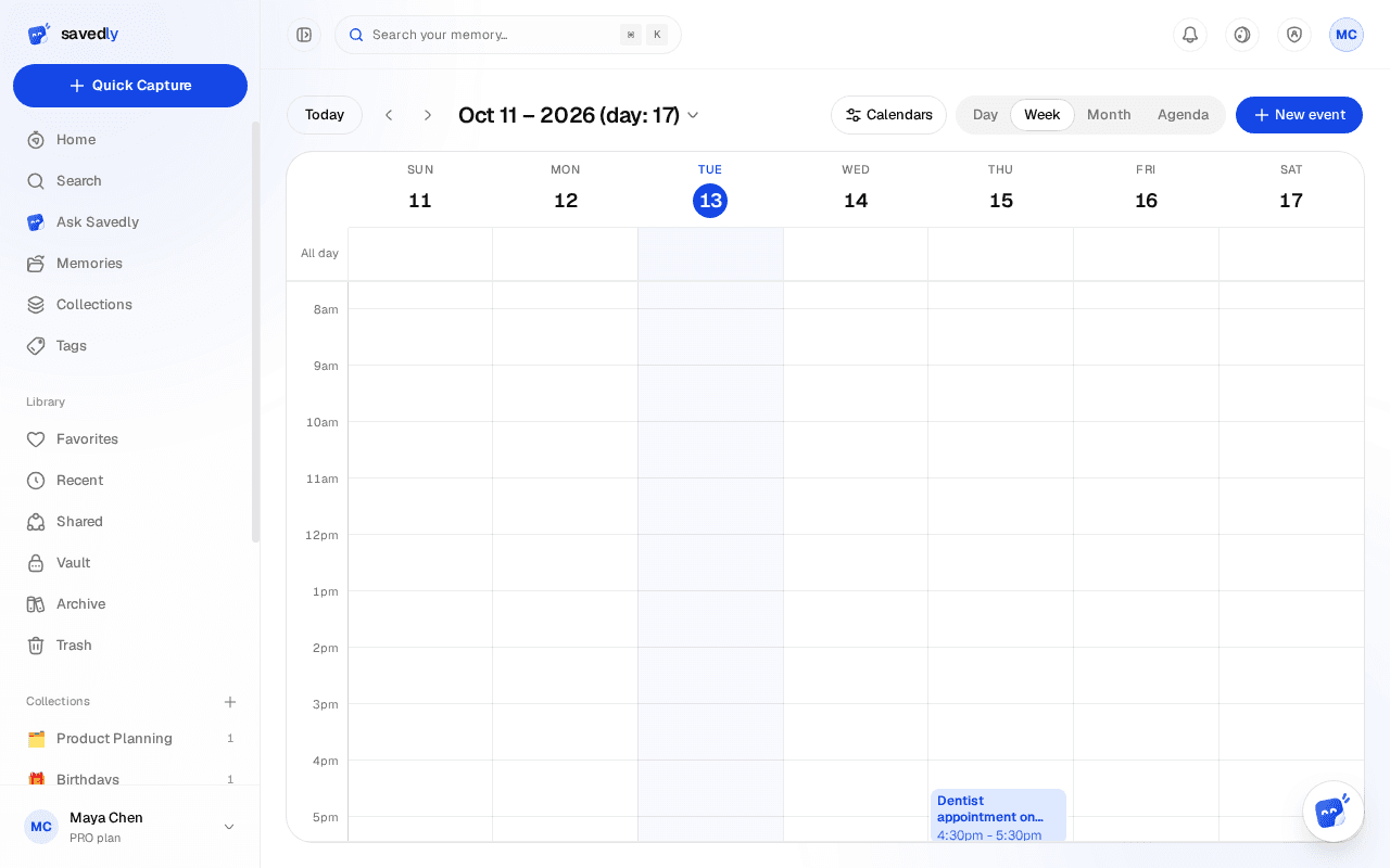 The calendar week view, with the event