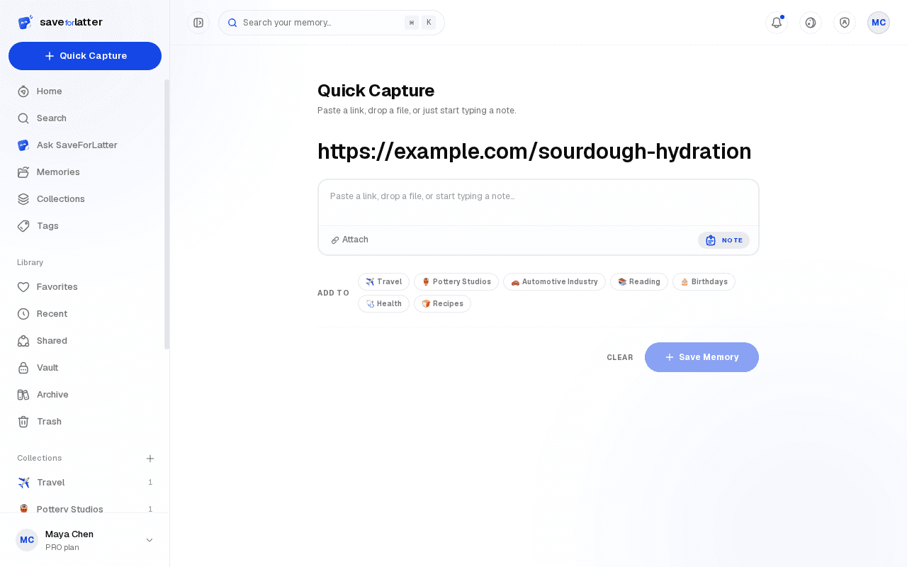 The Quick Capture page with a link pasted in