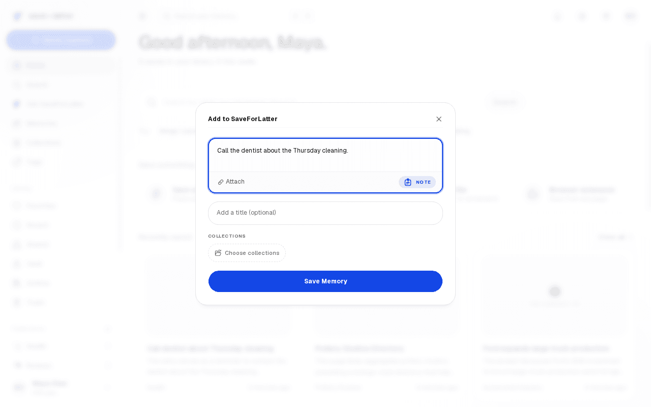 The Quick Capture dialog with a note typed in