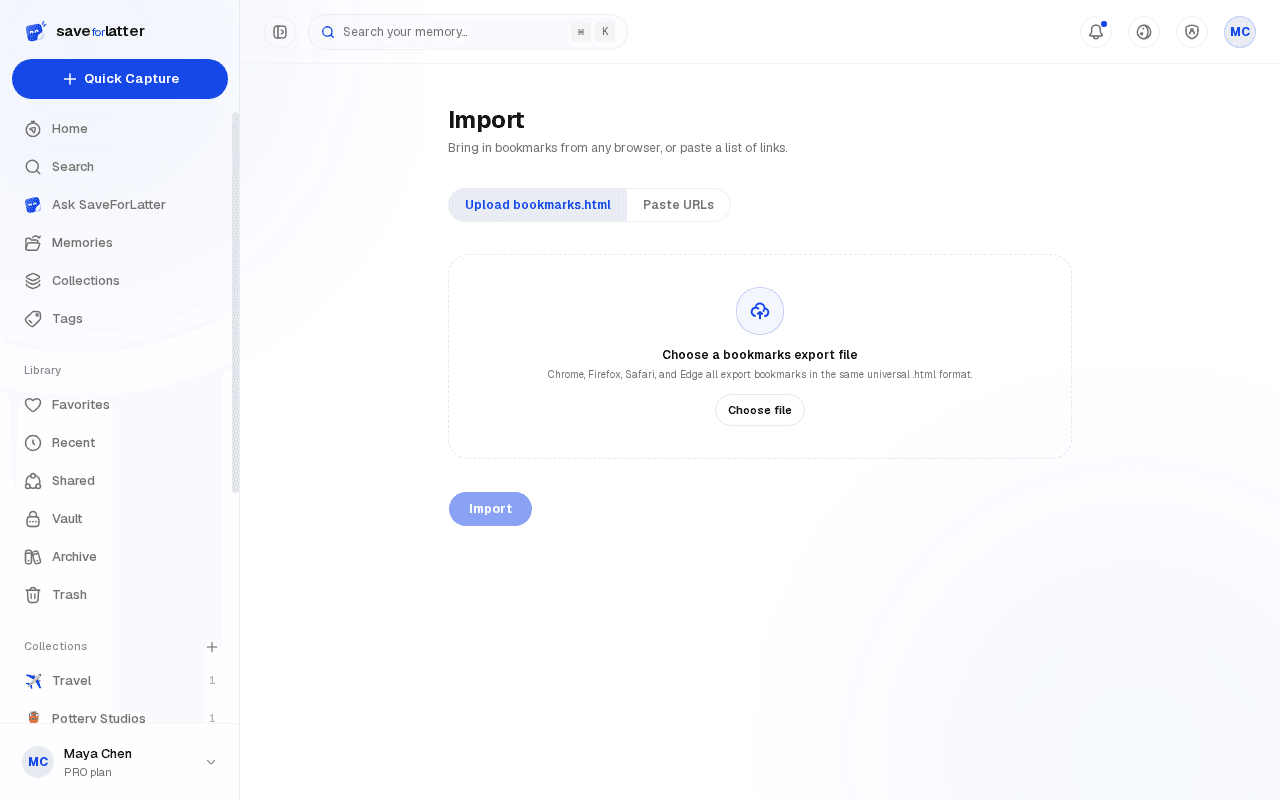 The Import page, with the upload area and the paste-a-list option