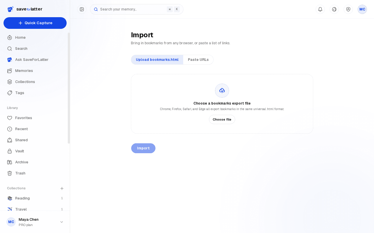 Importing screen