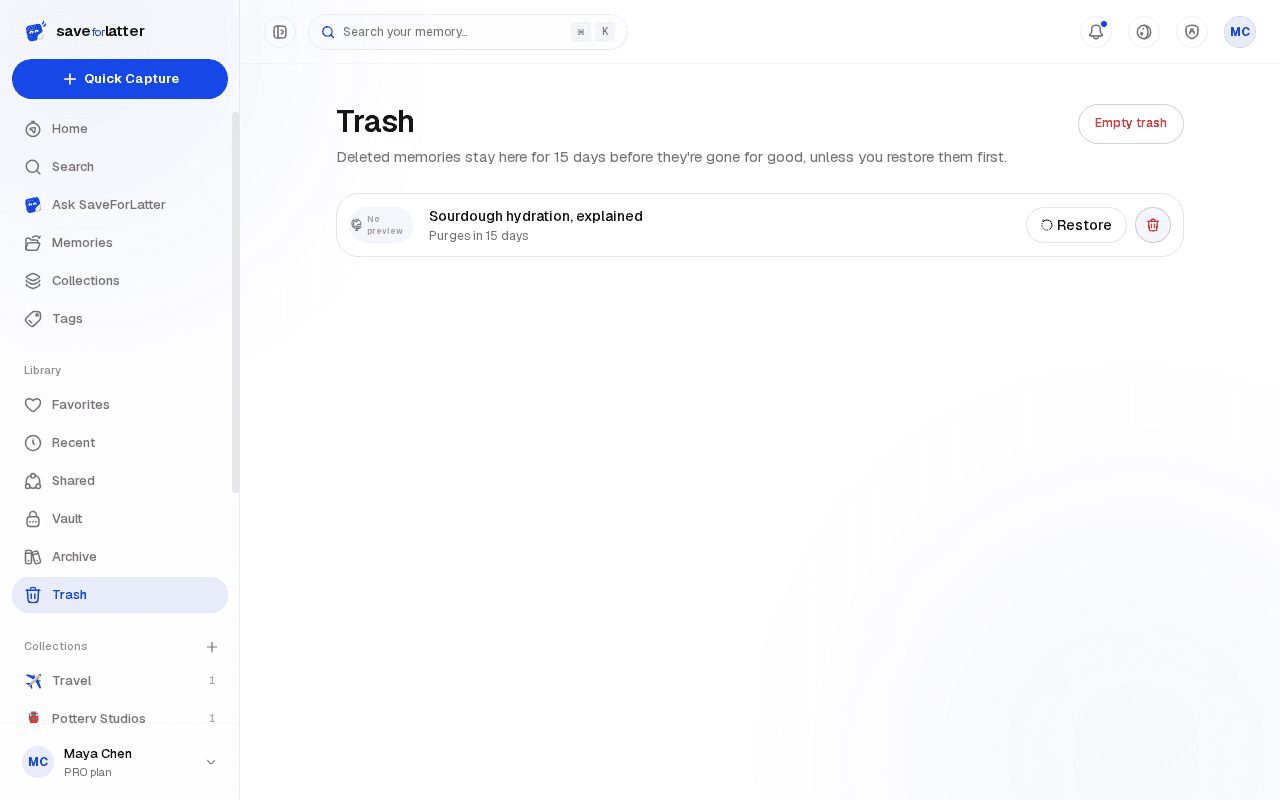 The Trash page