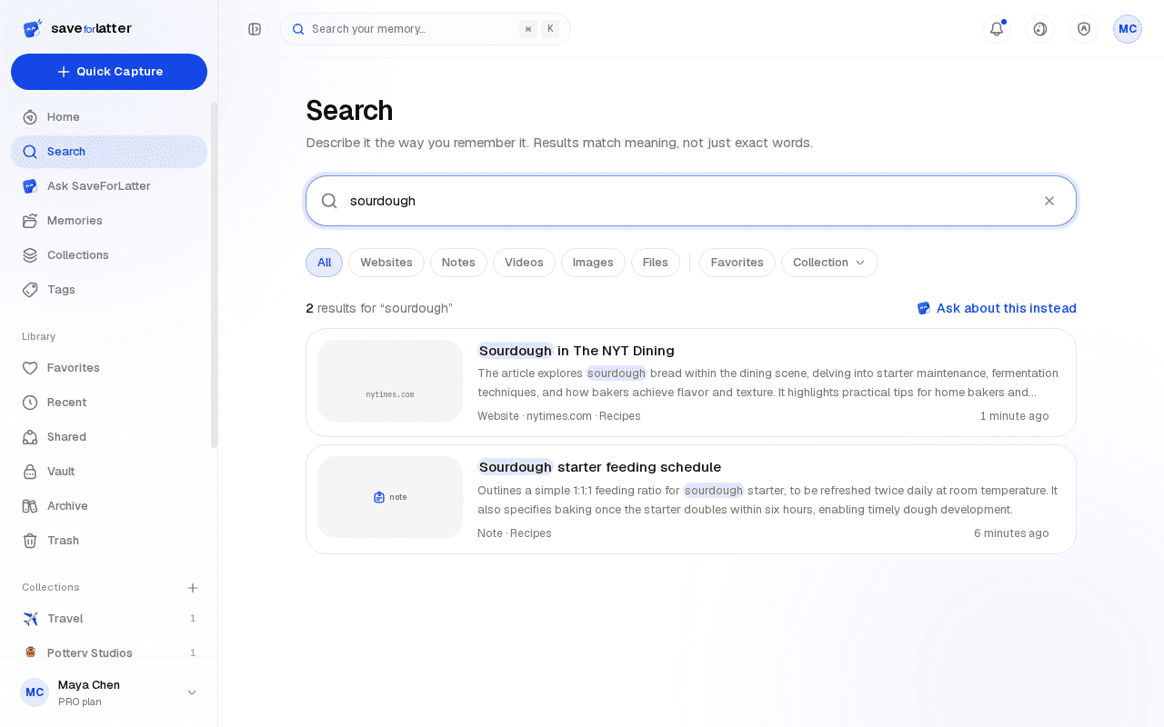 Search results for a word that appears in the memories