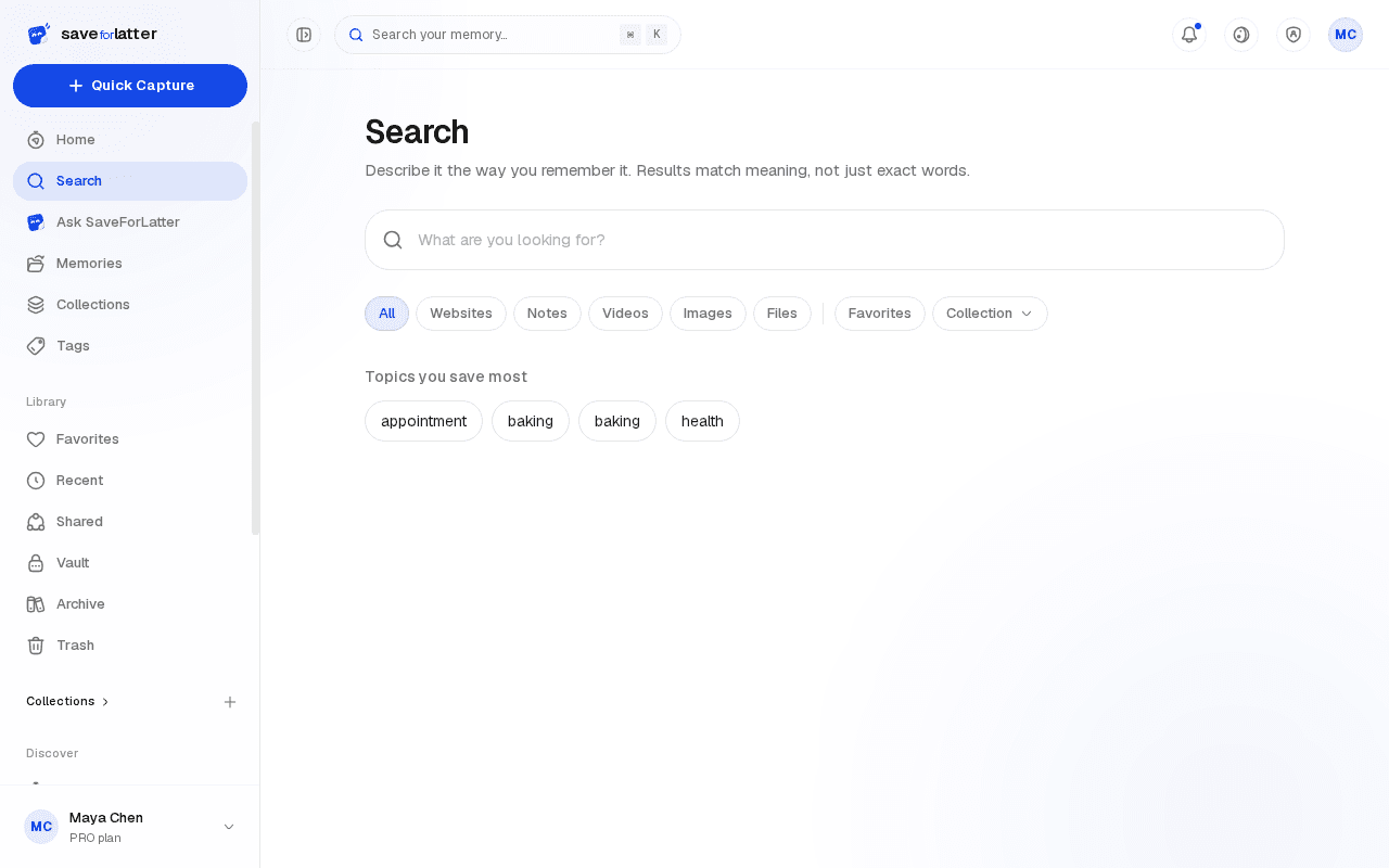 The search page with the collection filter open